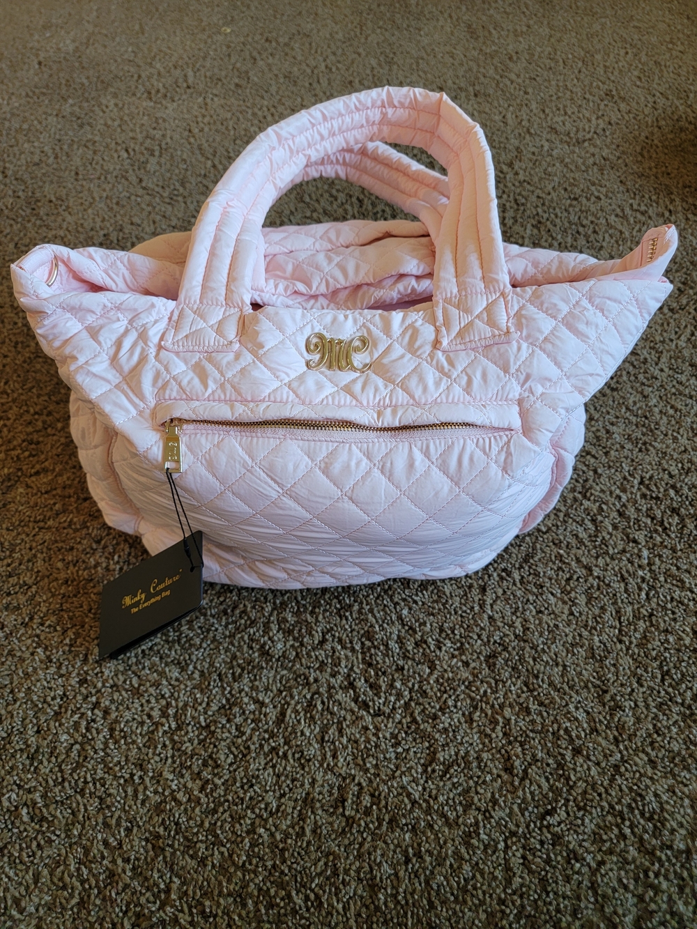 The Everything Bag-Quilted Light Pink with Gold Monogram Hardware